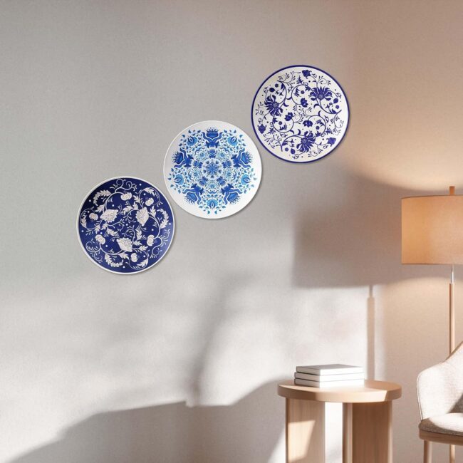 Floral Medallions in Blue and White, Set of 3 Decorative Ceramic Wall Plates, Combo No -109 - Image 4