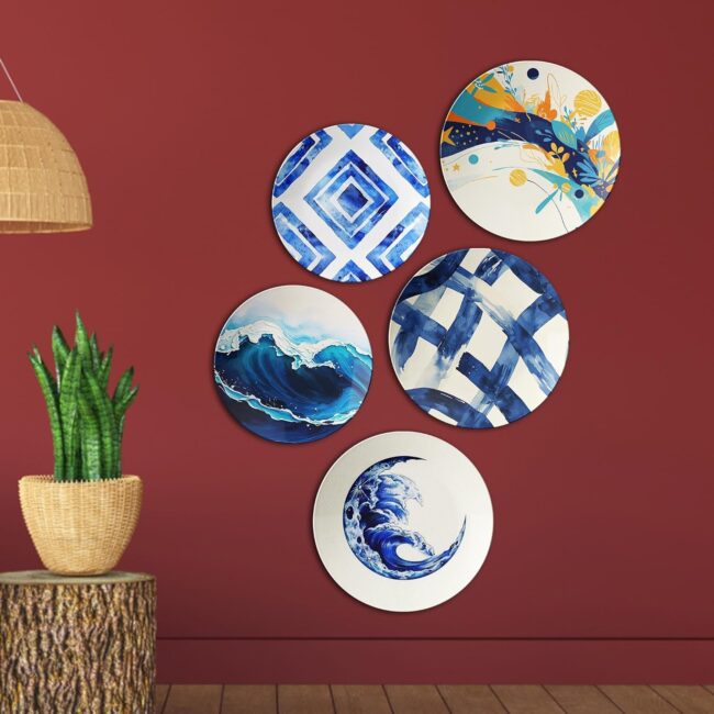 Waves and Geometric Blues | Home Decoration | Living Room Wall Decoration | Décor Items | Gift Items (Set of 5) - Image 2