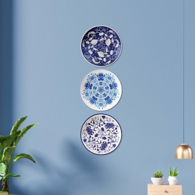 Floral Medallions in Blue and White, Set of 3 Decorative Ceramic Wall Plates, Combo No -109 - Image 7