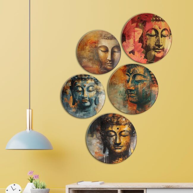 Serene Expressions of Buddha | Home Decoration | Living Room Wall Decoration | Decor Items | Gift Items (Set of 5) - Image 2