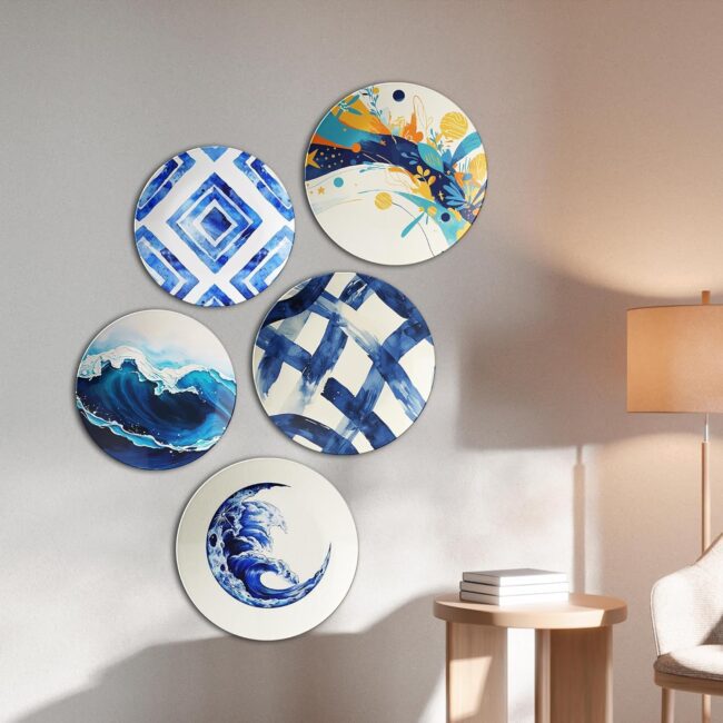 Waves and Geometric Blues | Home Decoration | Living Room Wall Decoration | Décor Items | Gift Items (Set of 5) - Image 3
