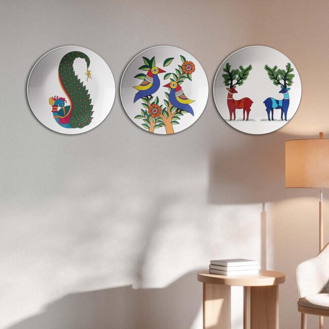 Madhubani Peacocks: A Symphony of Color, Set of 3 Decorative Ceramic Wall Plates,Combo No -58 - Image 2
