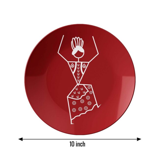 Warli Dance on Crimson, Set of 3 Decorative Ceramic Wall Plates Combo No -52 - Image 3