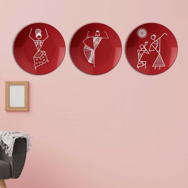 Warli Dance on Crimson, Set of 3 Decorative Ceramic Wall Plates Combo No -52 - Image 6