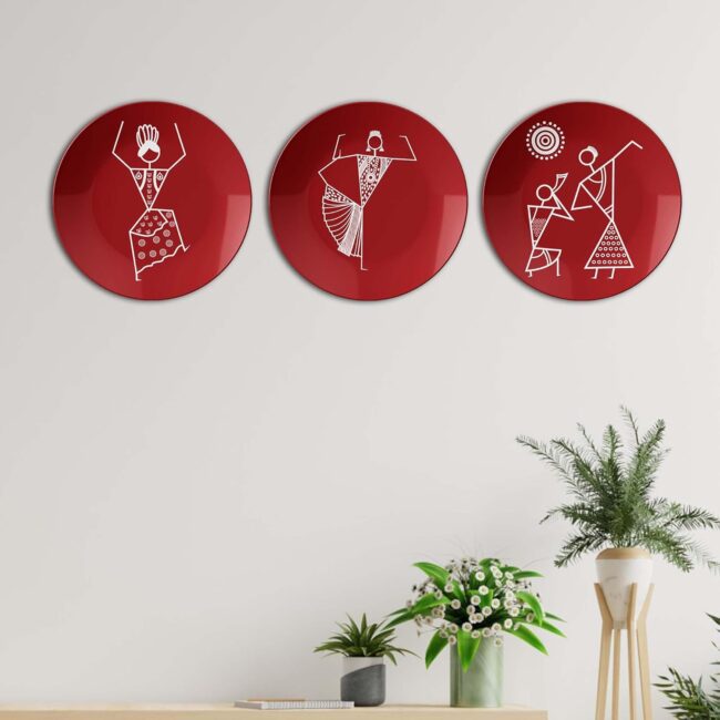 Warli Dance on Crimson, Set of 3 Decorative Ceramic Wall Plates Combo No -52