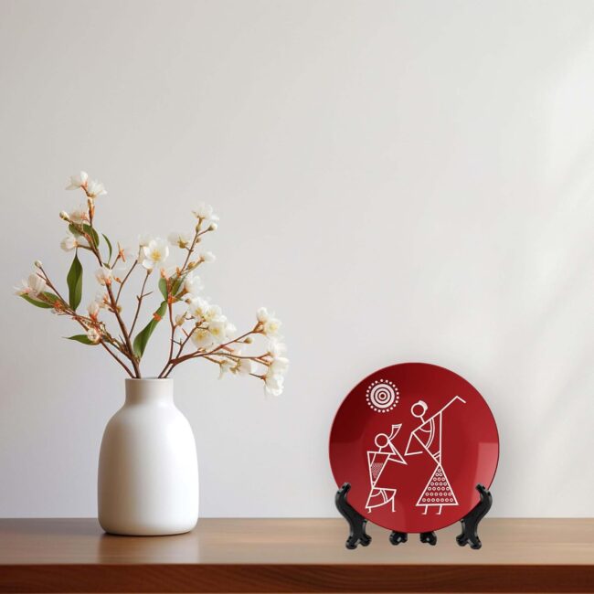 Warli Dance on Crimson, Set of 3 Decorative Ceramic Wall Plates Combo No -52 - Image 5