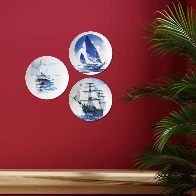 Oceanic Echoes in Porcelain, Set of 3 Decorative Ceramic Wall Plates Combo No -114