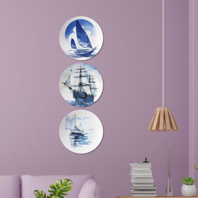 Oceanic Echoes in Porcelain, Set of 3 Decorative Ceramic Wall Plates Combo No -114 - Image 7