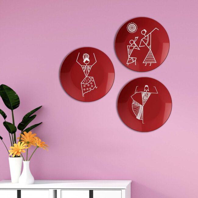 Warli Dance on Crimson, Set of 3 Decorative Ceramic Wall Plates Combo No -52 - Image 4