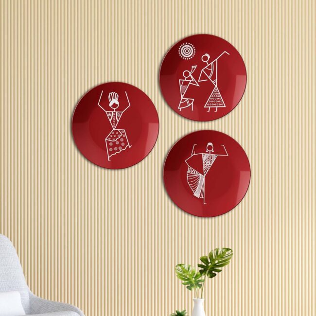 Warli Dance on Crimson, Set of 3 Decorative Ceramic Wall Plates Combo No -52 - Image 7