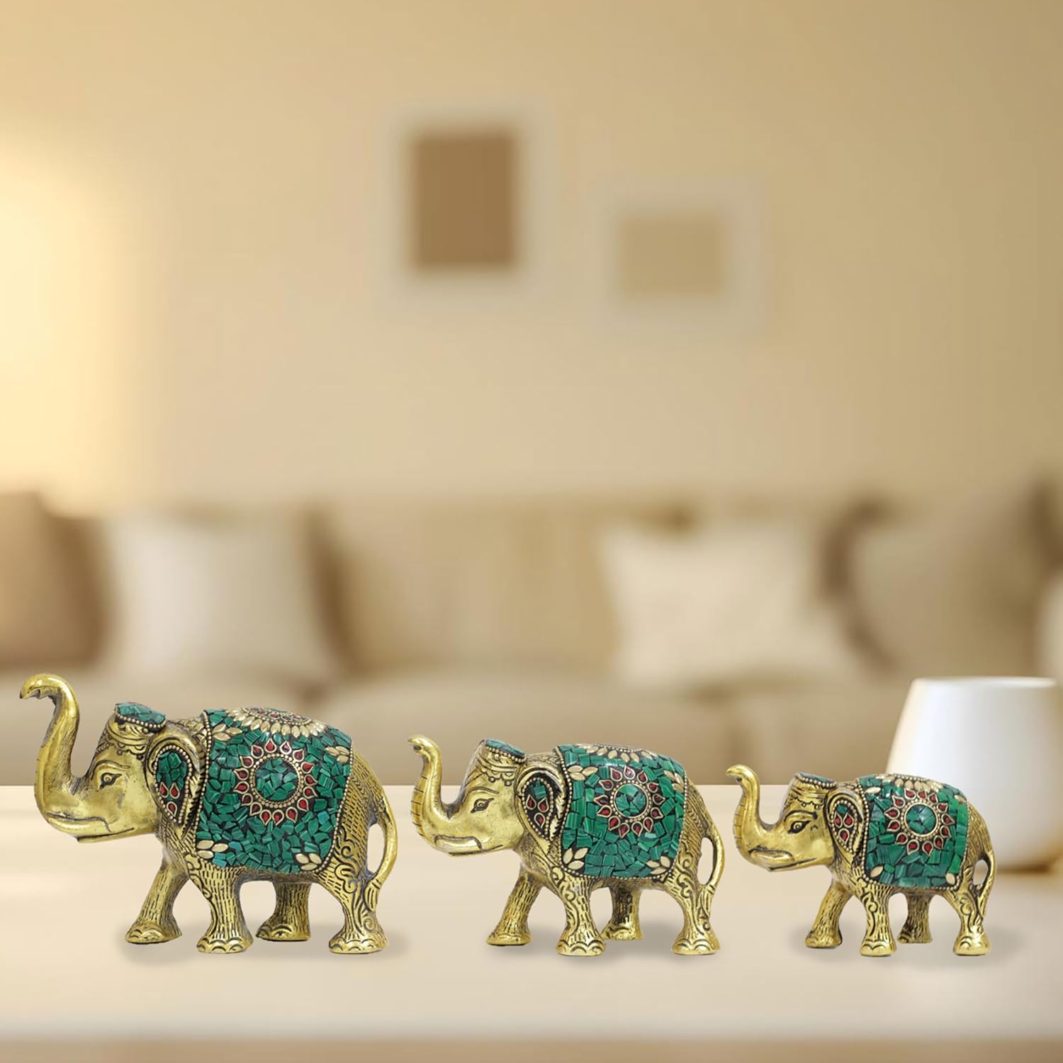 Handcrafted Metal Elephant Family with Green Mosaic Stone Work for Table Decor